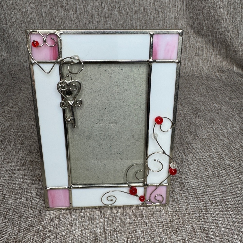 Stained Glass Picture Frame Pink White Slag Glass Heart Key Scrollwork 3" x 5"